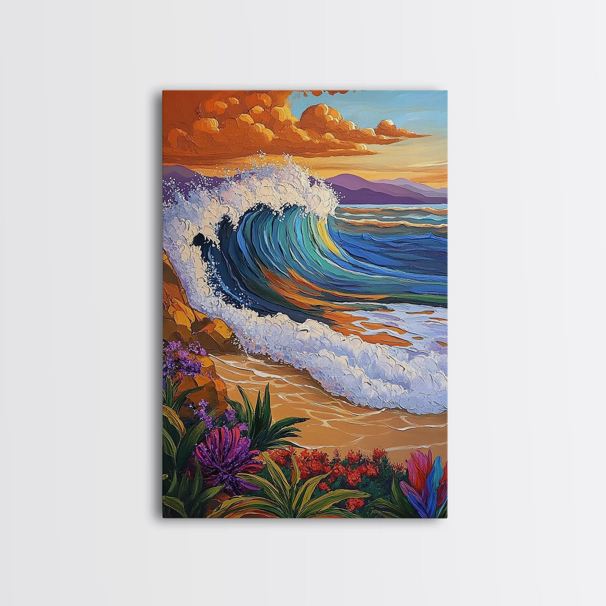 Wave Sunset, Ocean, Flowers, Canvas Print, Crashing sunset wave with tropical flowers, coastal bathroom and surf-themed wall decor