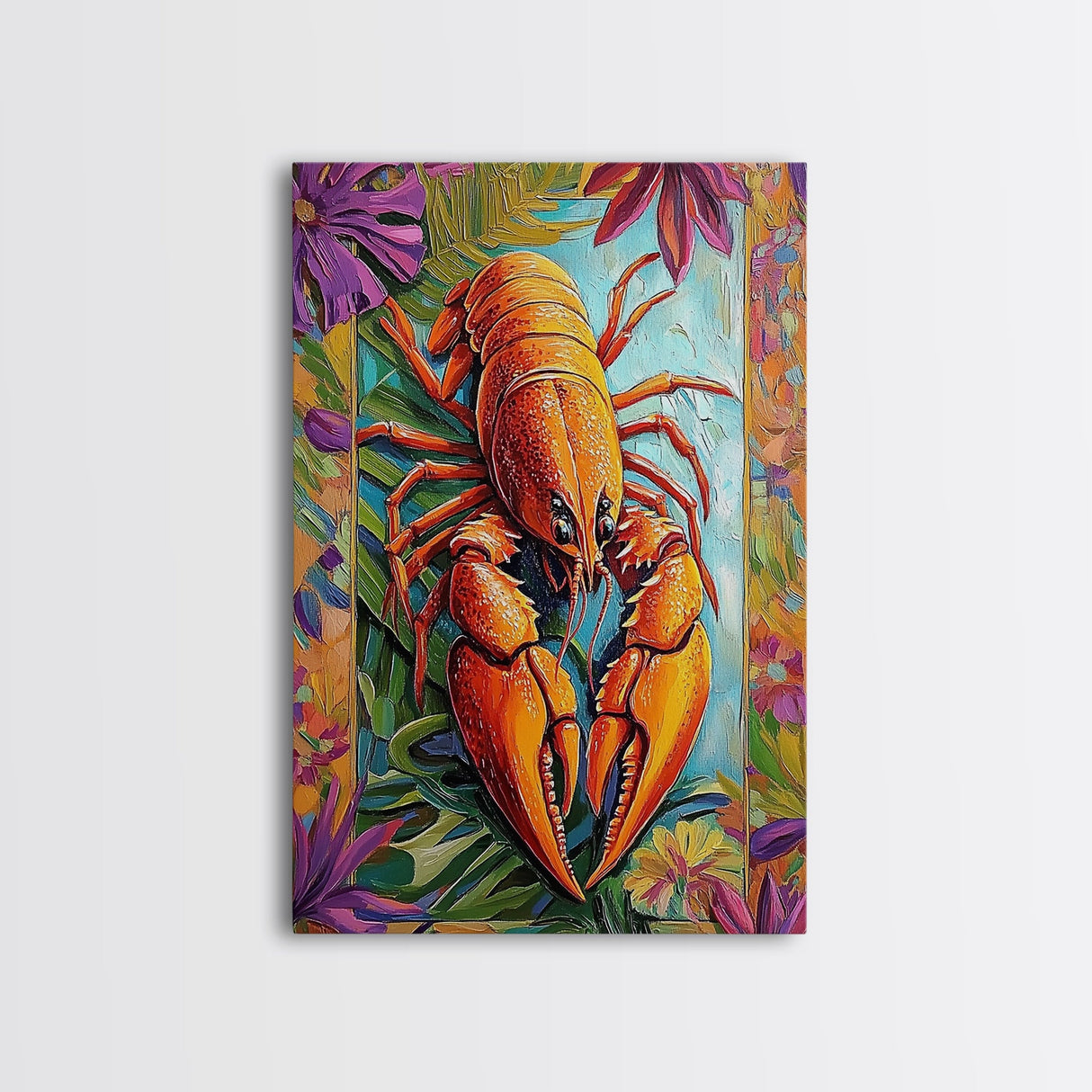 Lobster Coastal, Nautical, Kitchen, Framed Canvas Print, Bold orange lobster art with tropical florals, great coastal kitchen wall art