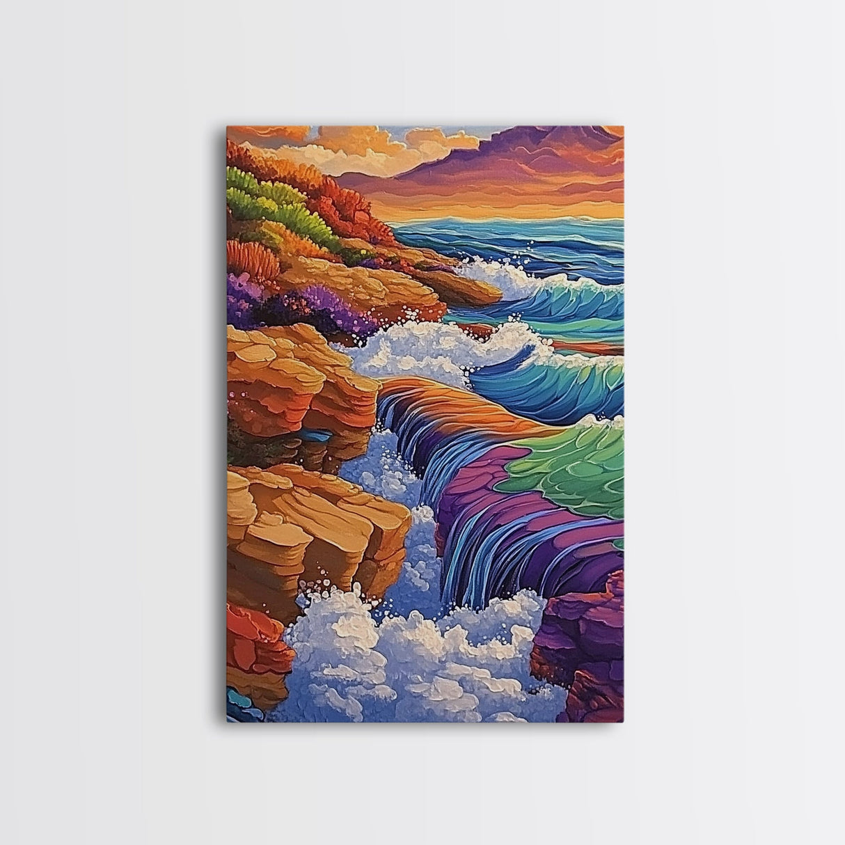 Waterfall Ocean, Rocks, Waves, Canvas Print, Vibrant ocean waterfall over rocky cliffs with colorful waves, ideal coastal living room