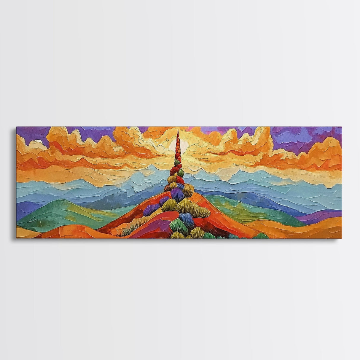 Colorful Mountain Sunrise, Bold Landscape Painting, Southwest Decor, Living Room Wall Art, Modern Boho Style Framed Canvas Print, Bedroom art