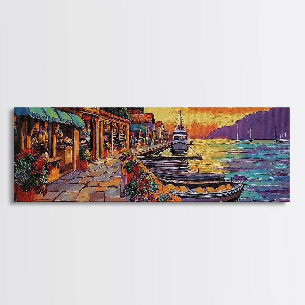 Harbor Village Sunset, Vibrant Coastal Town Painting, Mediterranean Art, Kitchen or Hallway Decor Framed Canvas Print, Beach House Wall Art