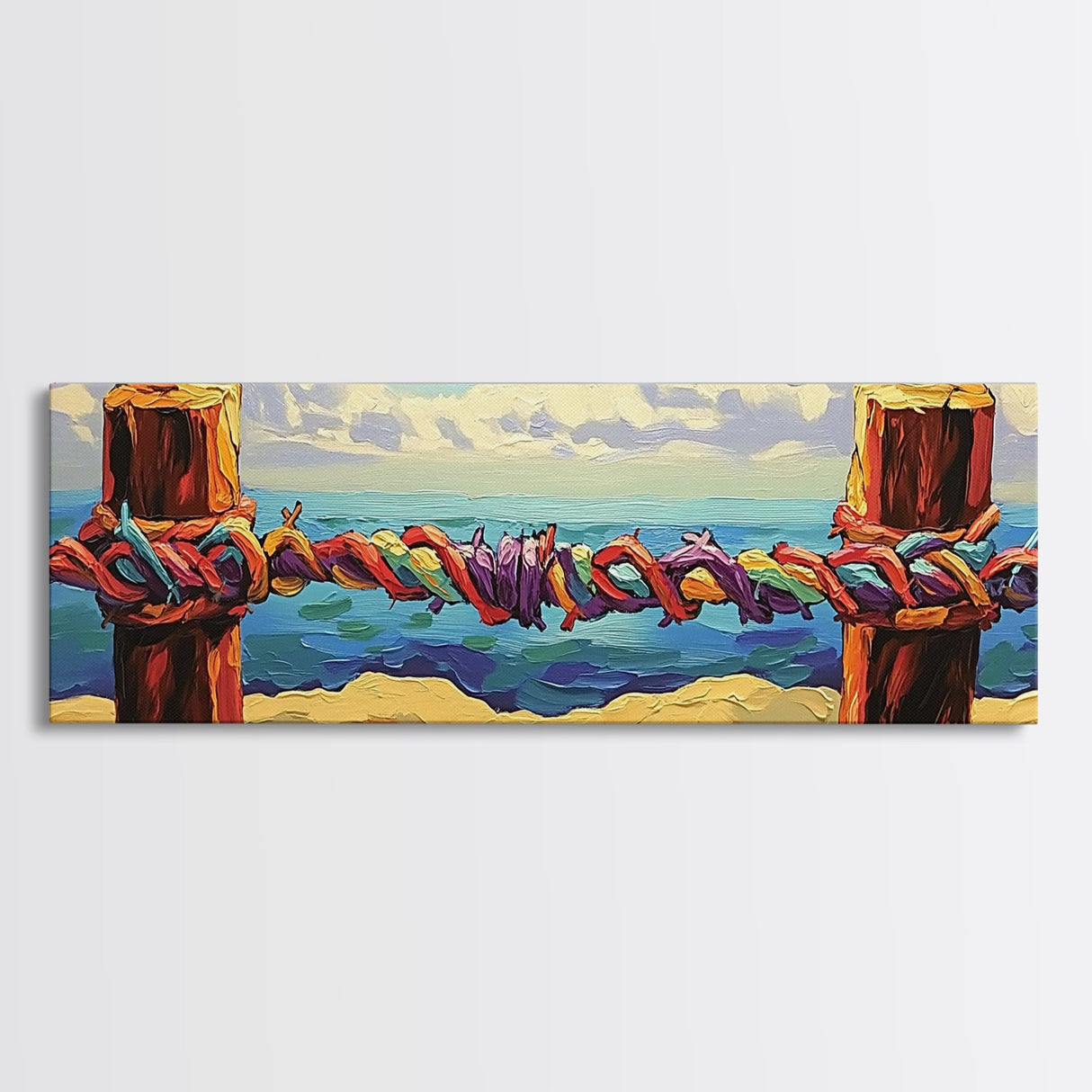Nautical Rope Painting, Coastal Wall Decor, Canvas Print, Colorful Ocean View, Rustic Beach House Art, Nautical Bathroom Accent