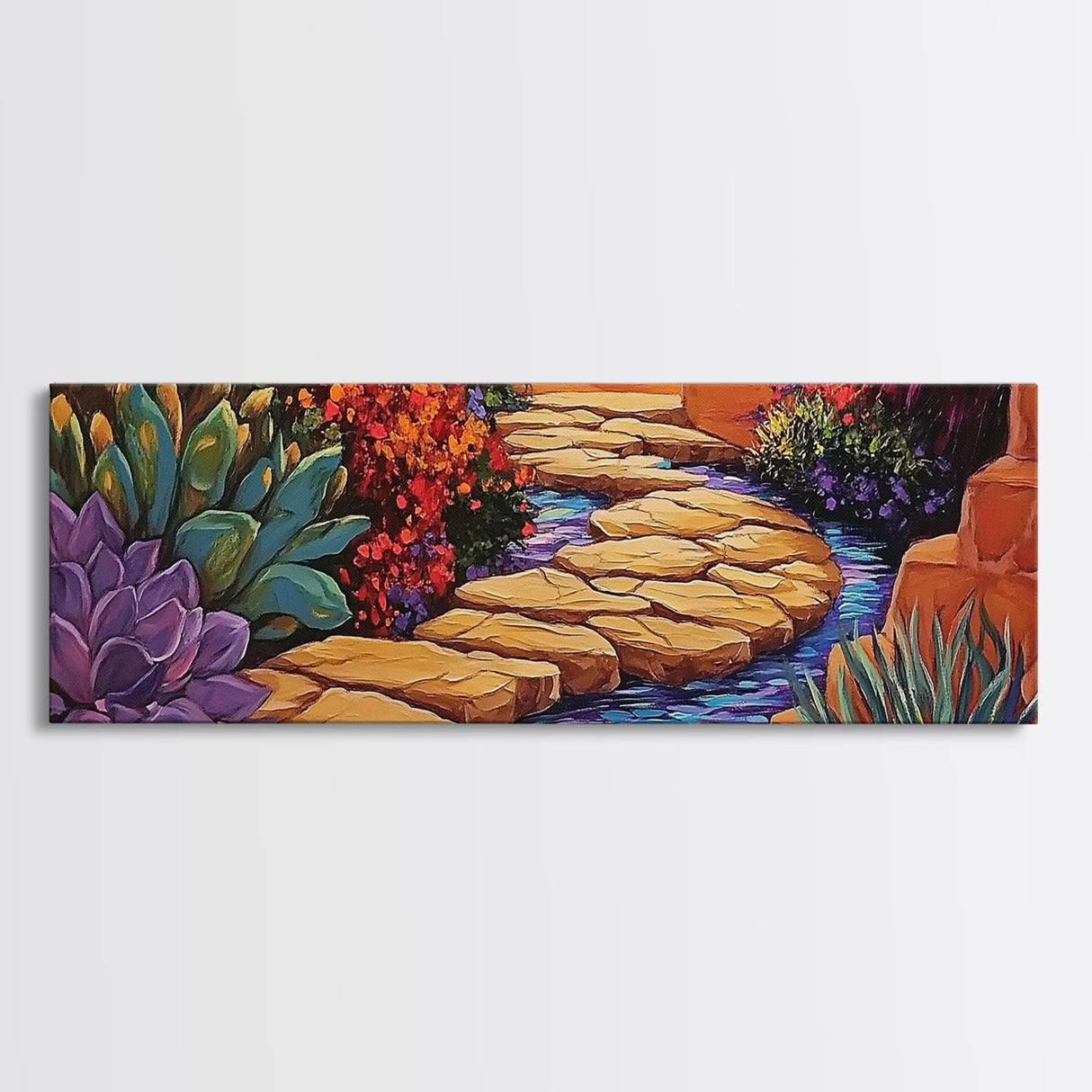 Garden Pathway, Floral Stream Art, Bold Colors, Succulent Garden Style, Framed Canvas Print, Kitchen or Hallway Wall Art