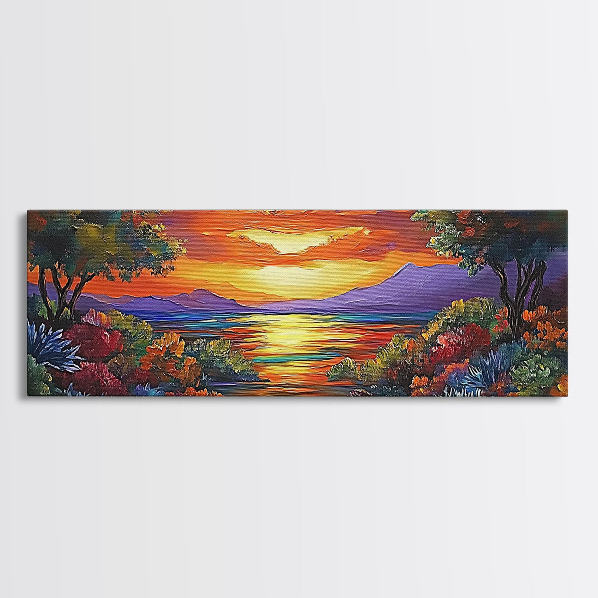 Tropical Sunset, Coastal Trees, Vibrant Horizon, Colorful Evening, Canvas Print, tropical paradise wall art, sunset lover gift