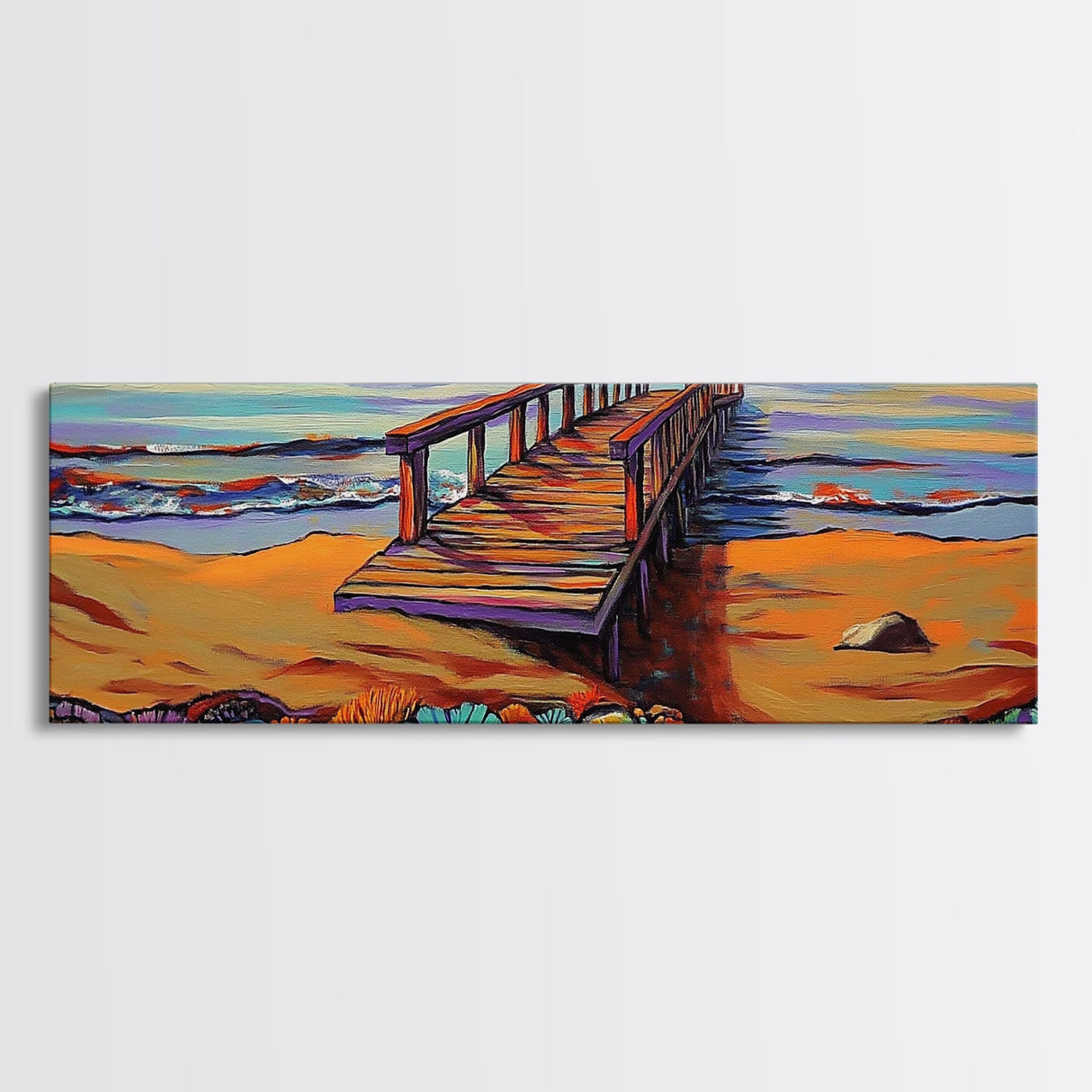 Seaside Pier, Vibrant Coast, Beach View, Framed Canvas Print, coastal artwork, beach house decor, summer vibes, living room art