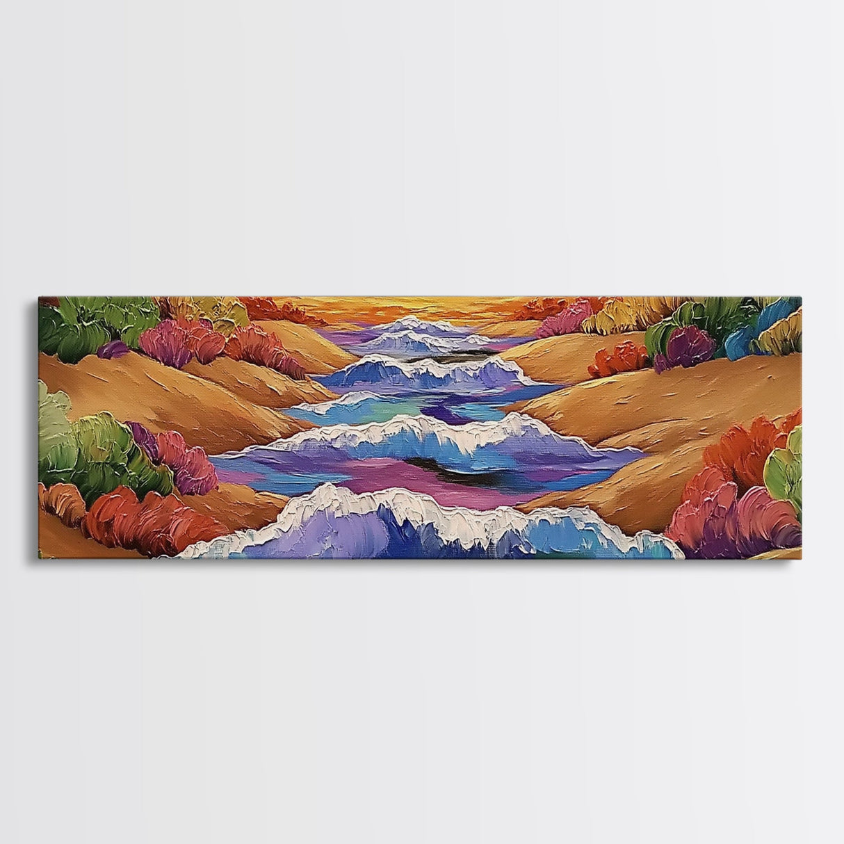 Rolling Waves, Ocean Energy, Sunset Coastline, Canvas Print, coastal living room decor, vivid surf art, bold beach vibe painting
