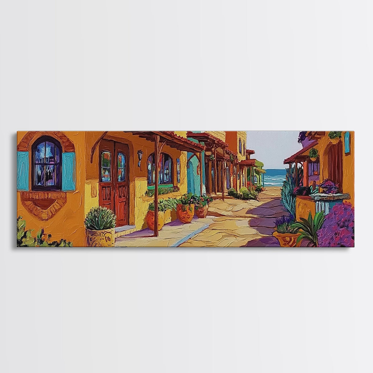 Coastal Village Street, Colorful Adobe Homes, Mediterranean Scene, Framed Canvas Print, Kitchen Wall Art, Rustic Living Room Decor