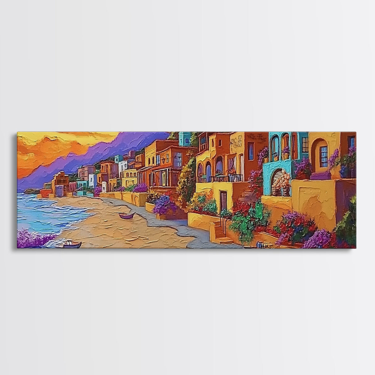 Seaside Village Sunset, Colorful Coastal Homes, Vibrant Ocean View, Framed Canvas Print, Beach House Decor, Bohemian Art