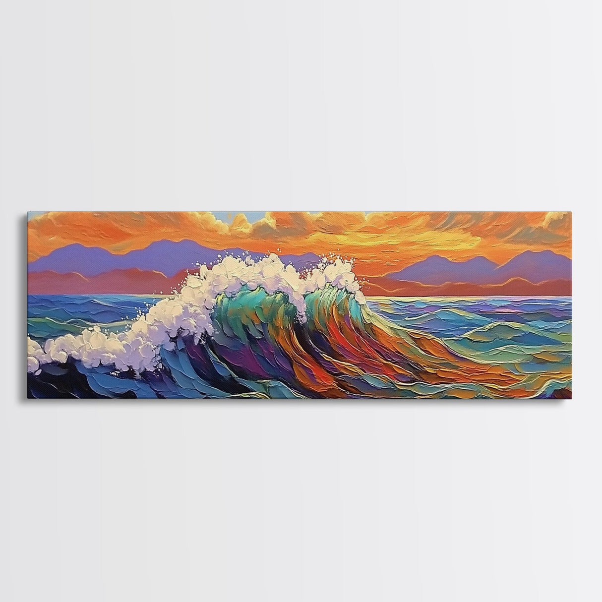 Ocean Wave Sunset, Vibrant Seascape Painting, Tropical Horizon Scene, Framed Canvas Print, Coastal Wall Art, Nautical Decor