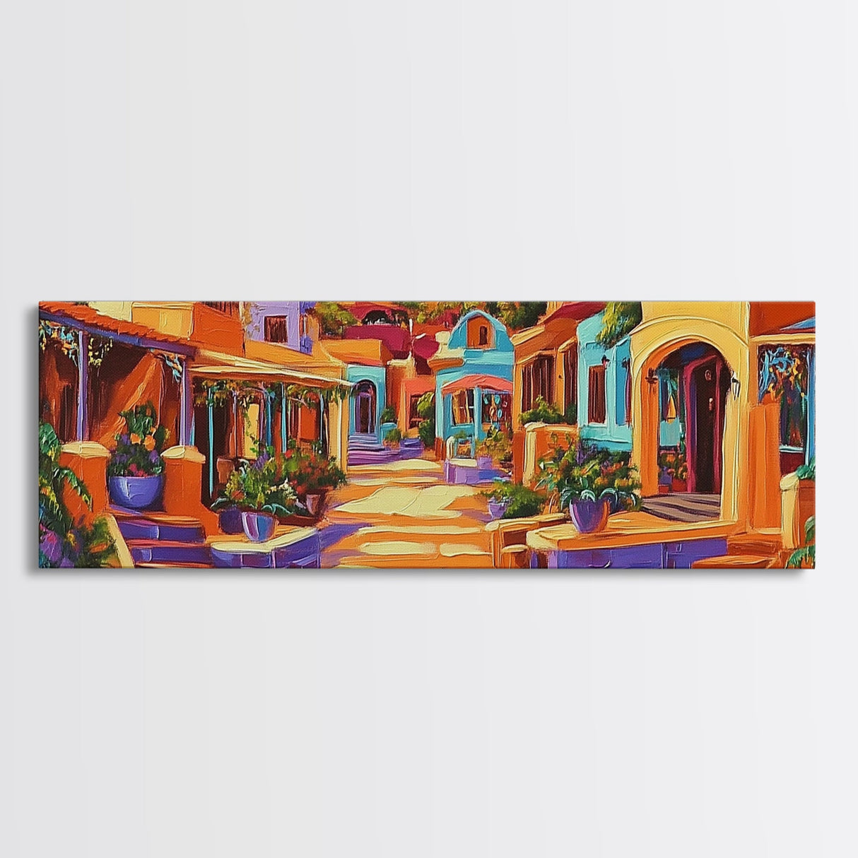 Colorful Village Lane, Bright Street Scene, Adobe Style Architecture, Framed Canvas Print, Boho Entryway Wall Art, Kitchen Decor