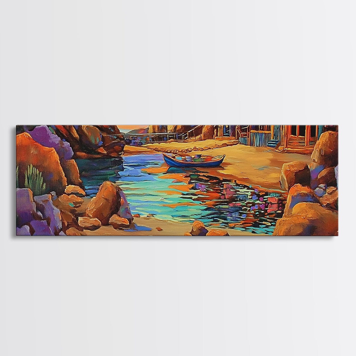 Rustic Cove, Rowboat Reflection, Coastal Vibes, Framed Canvas Print, Beach House Decor, Nautical Wall Art, Colorful Seascape