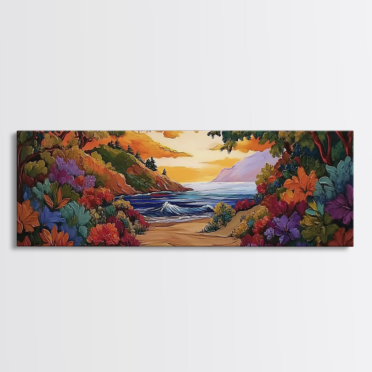 Beach View, Sunset Flowers, Coastal Path, Summer Decor, Framed Canvas Print, Bedroom Wall Art, Bright Floral Landscape Art
