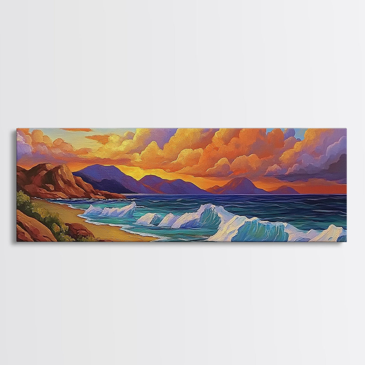 Coastal Sunset Glow, Ocean Horizon, Vibrant Wave Art, Framed Canvas Print, Living Room Wall Art, Colorful Beach Landscape