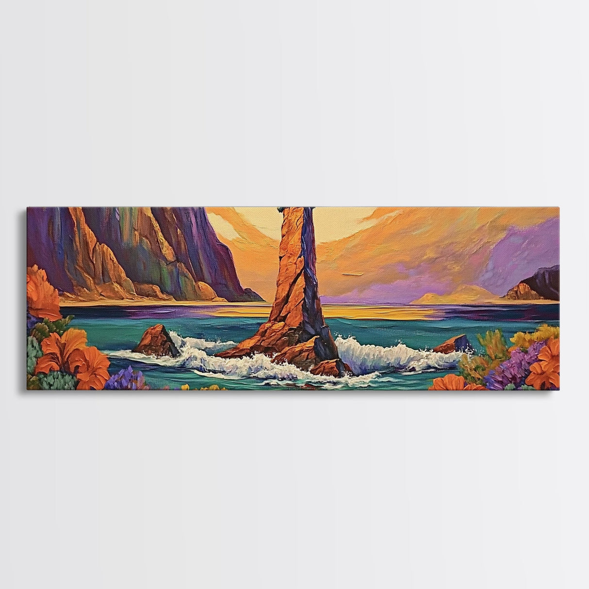 Ocean Rock Island, Sunset Coastline, Floral Foreground, Canvas Print, Living Room Wall Art, Mystical Nature Landscape