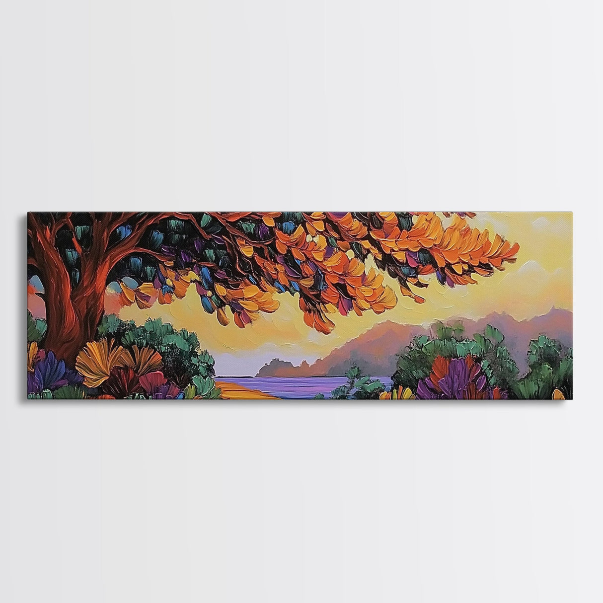 Autumn Tree Path, Sunset Landscape, Nature Art, Framed Canvas Print, Fall wall art, colorful art, boho decor, living room wall art