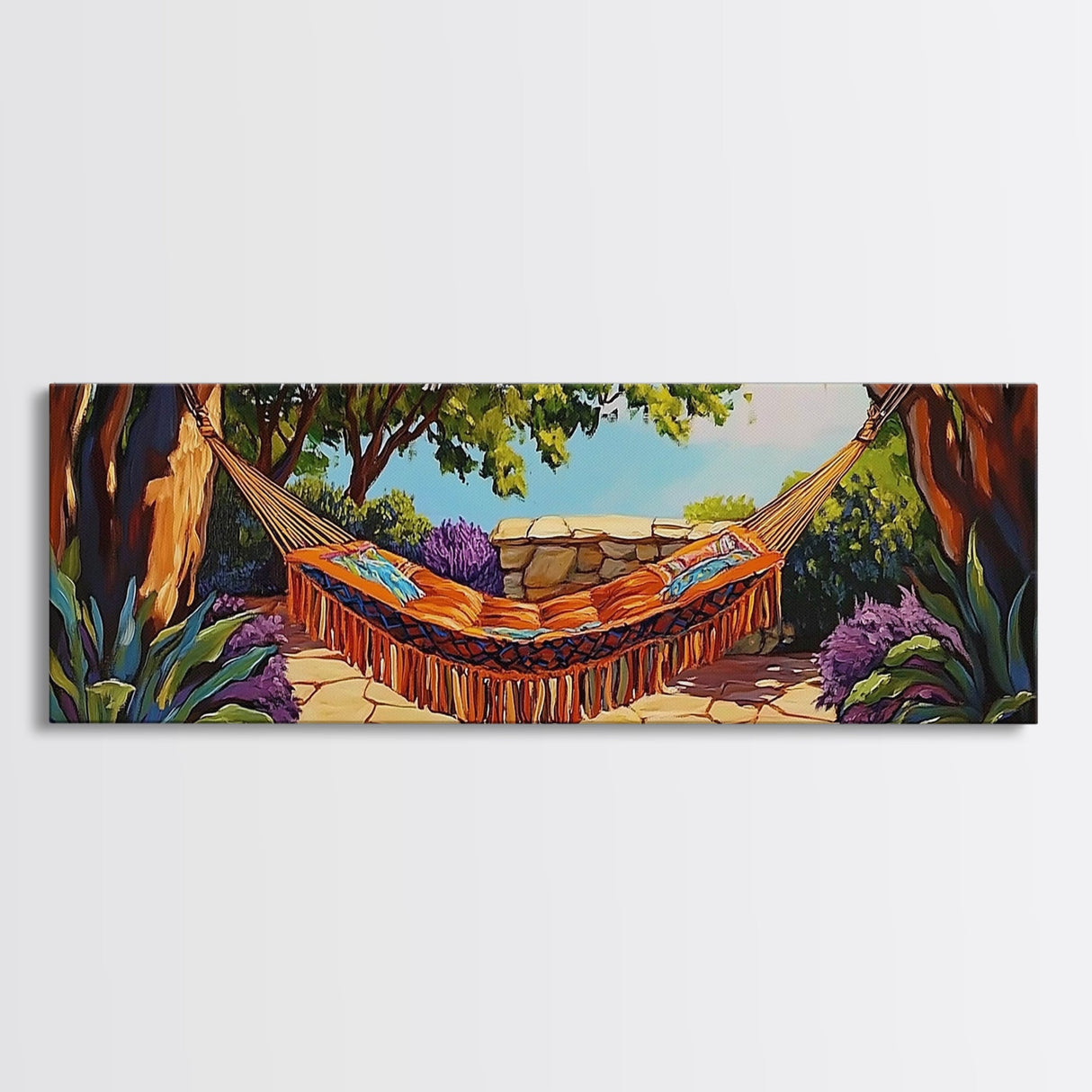 Hammock Retreat View, Relaxing Outdoor Space, Nature Art, Framed Canvas Print, summer art, patio decor, boho style, bedroom wall