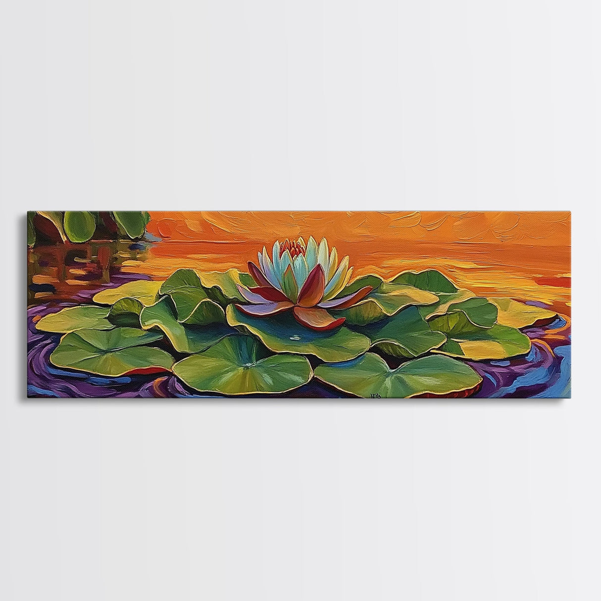 Lotus Flower, Serene Sunset, Water Lily, Zen Art, Framed Canvas Print, spa wall decor, yoga room art, calming peaceful painting