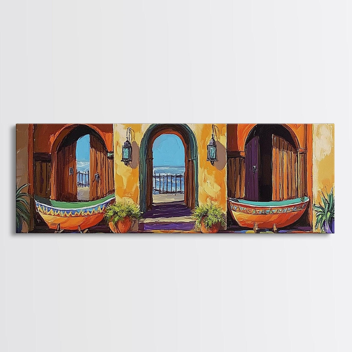 Spanish Courtyard, Bright Doorway, Coastal Decor, Southwest Art, Canvas Print, kitchen wall art, rustic boho art, vibrant home design
