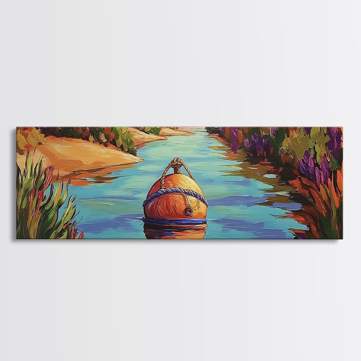 Buoy Painting, River Calm, Coastal Reflection, Peaceful Dock, Canvas Print, lake cabin art, nautical wall decor, colorful waterway scene