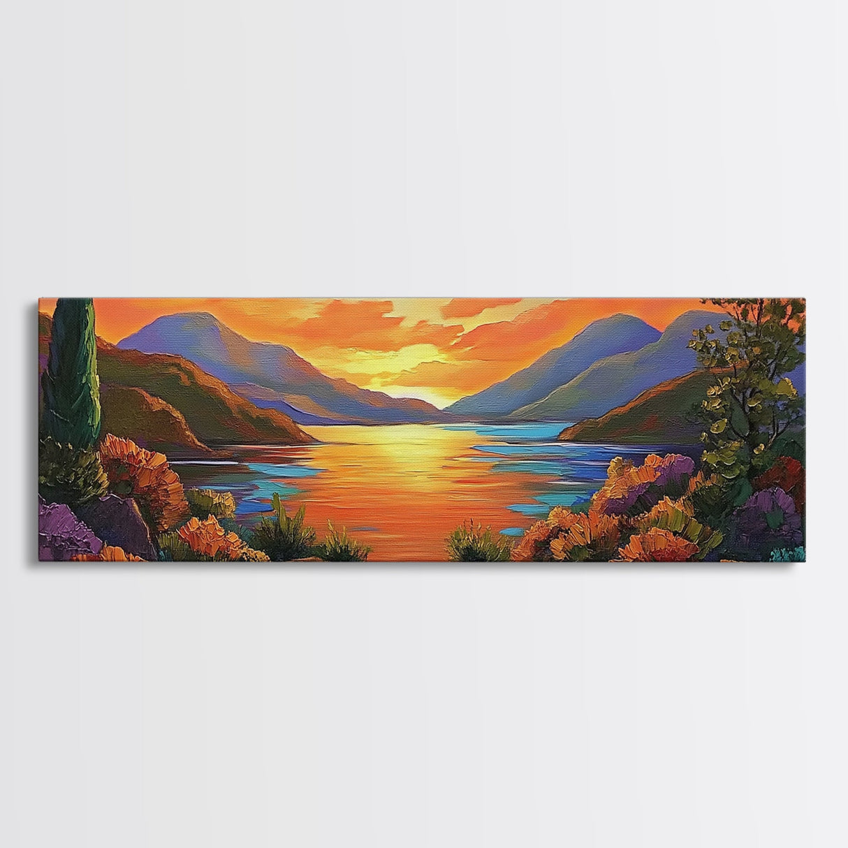 Mountain Sunset Lake, Bold Nature Landscape, Vibrant Water Reflection, Framed Canvas Print, Rustic Living Room or Cabin Wall Art