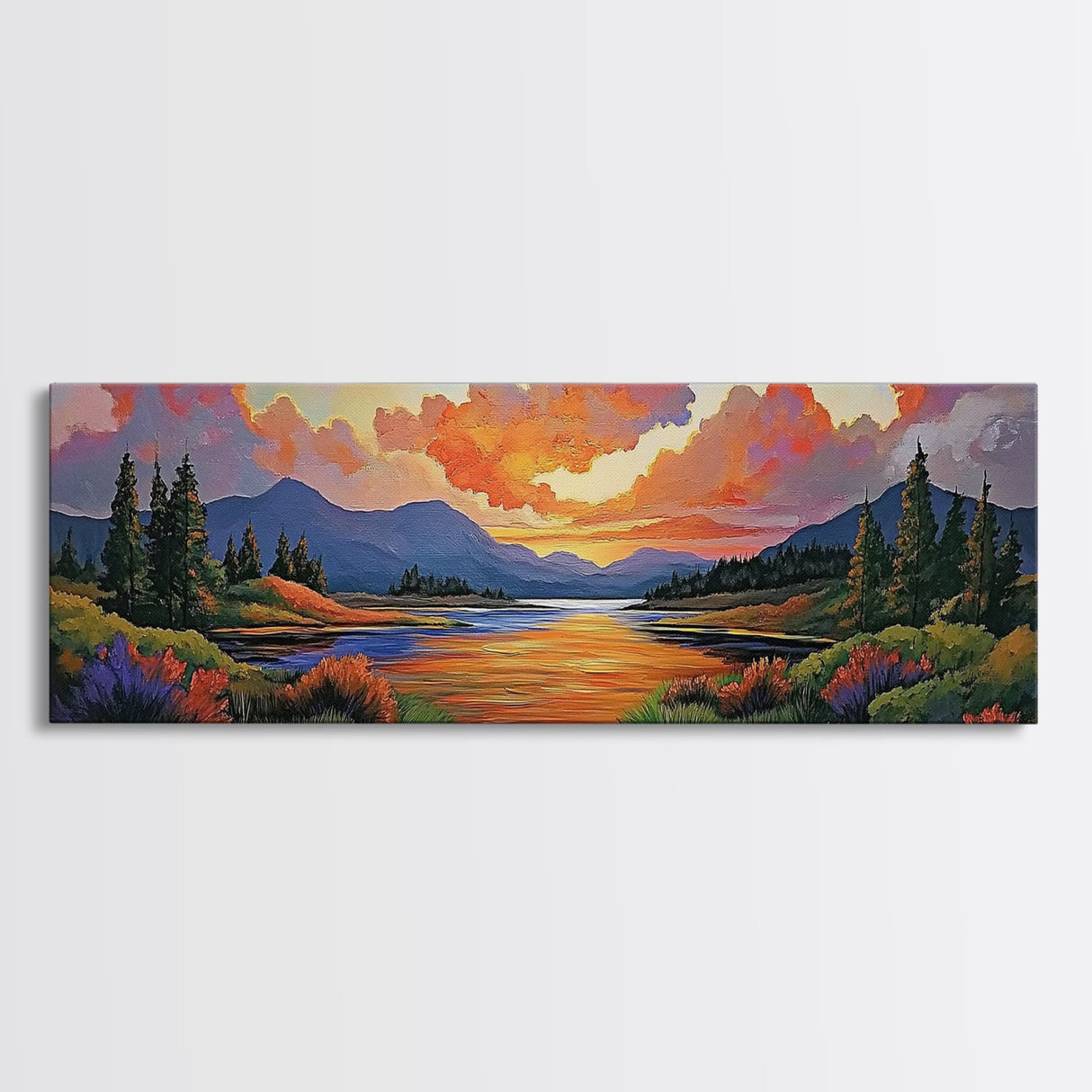 Sunset River, Nature Glow, Autumn Lake, Canvas Print, colorful sunset landscape, rustic mountain scene, Fall decor, cabin wall art