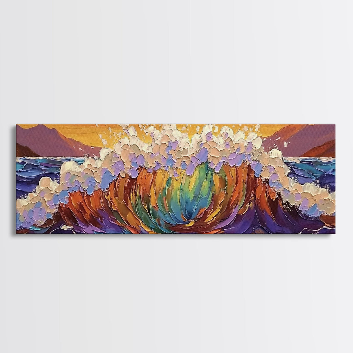 Rainbow Wave Splash, Ocean Energy Art, Vibrant Seascape, Framed Canvas Print, Coastal Living Room Decor, Surf Beach Wall Art, Boho Style