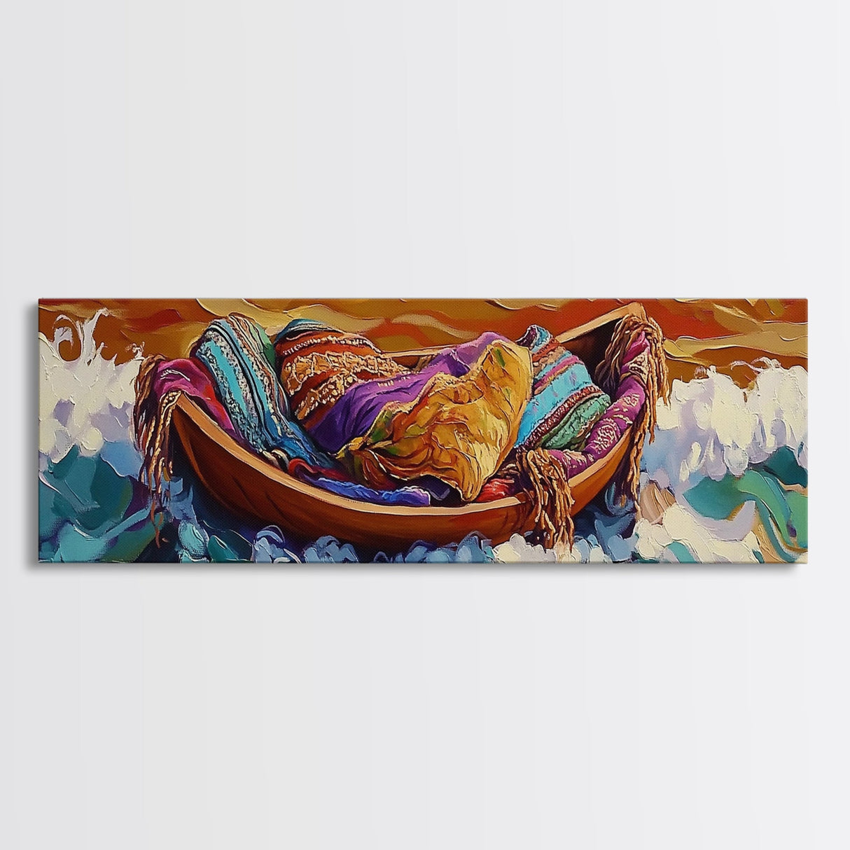 Cozy Boat, Colorful Blankets, Ocean Sunset, Serene Waves, Framed Canvas Print, Bohemian Bedroom Art, Nautical Style, Relaxation Vibe