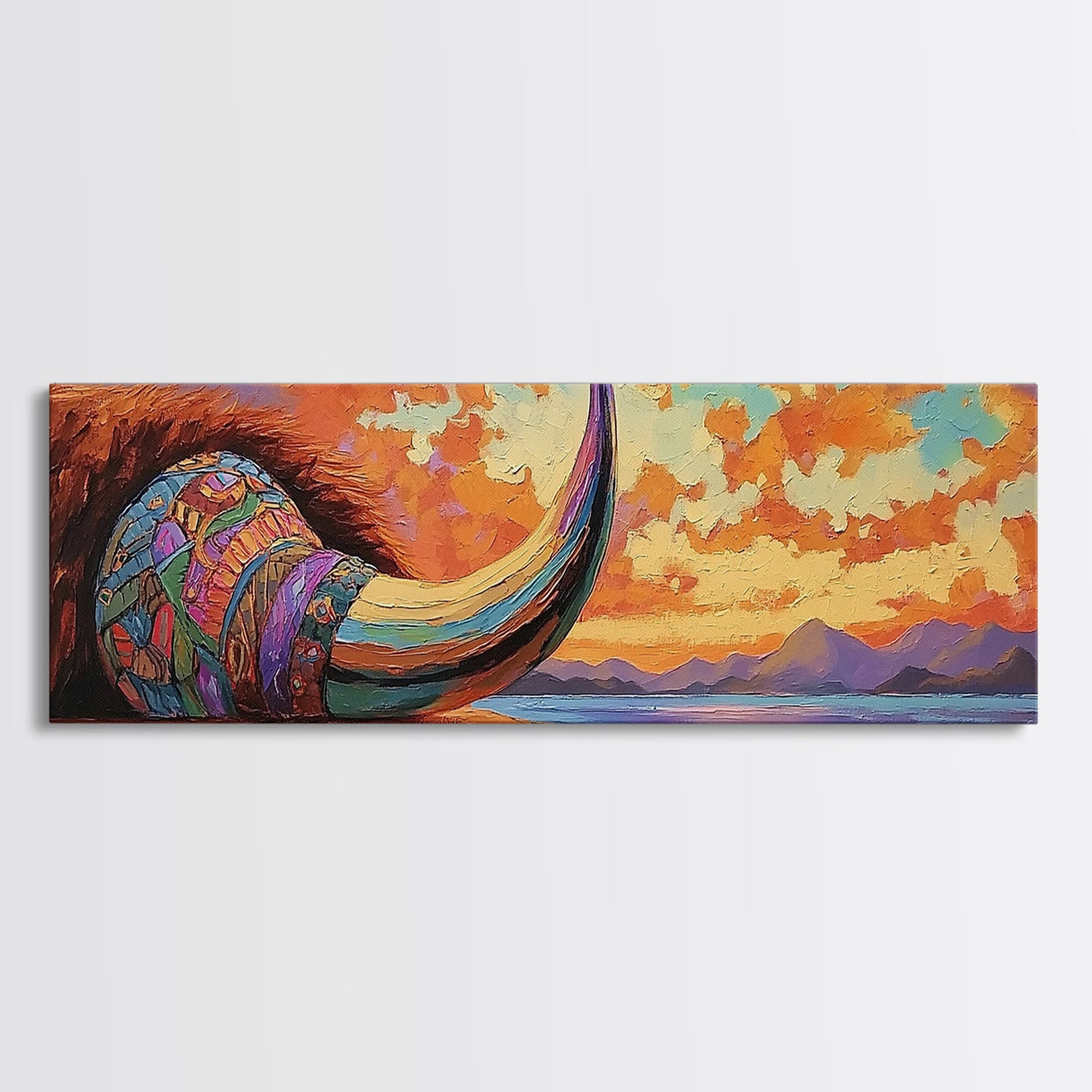 Longhorn Skull, Sunset Sky, Boho Western, Tribal Texture, Framed Canvas Print, Desert Wall Art, Living Room Decor, Southwestern Vibe