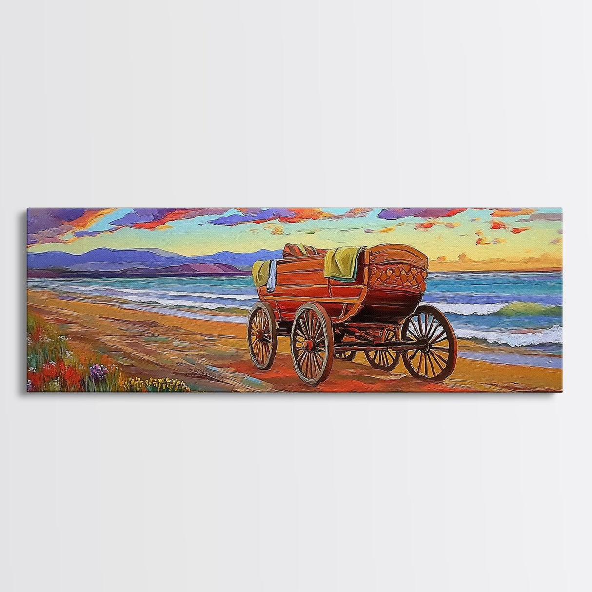 Wagon Beach, Country Ocean, Sunset Retreat, Rustic Cart, Framed Canvas Print, Farmhouse Coastal Art, Entryway Western Decor