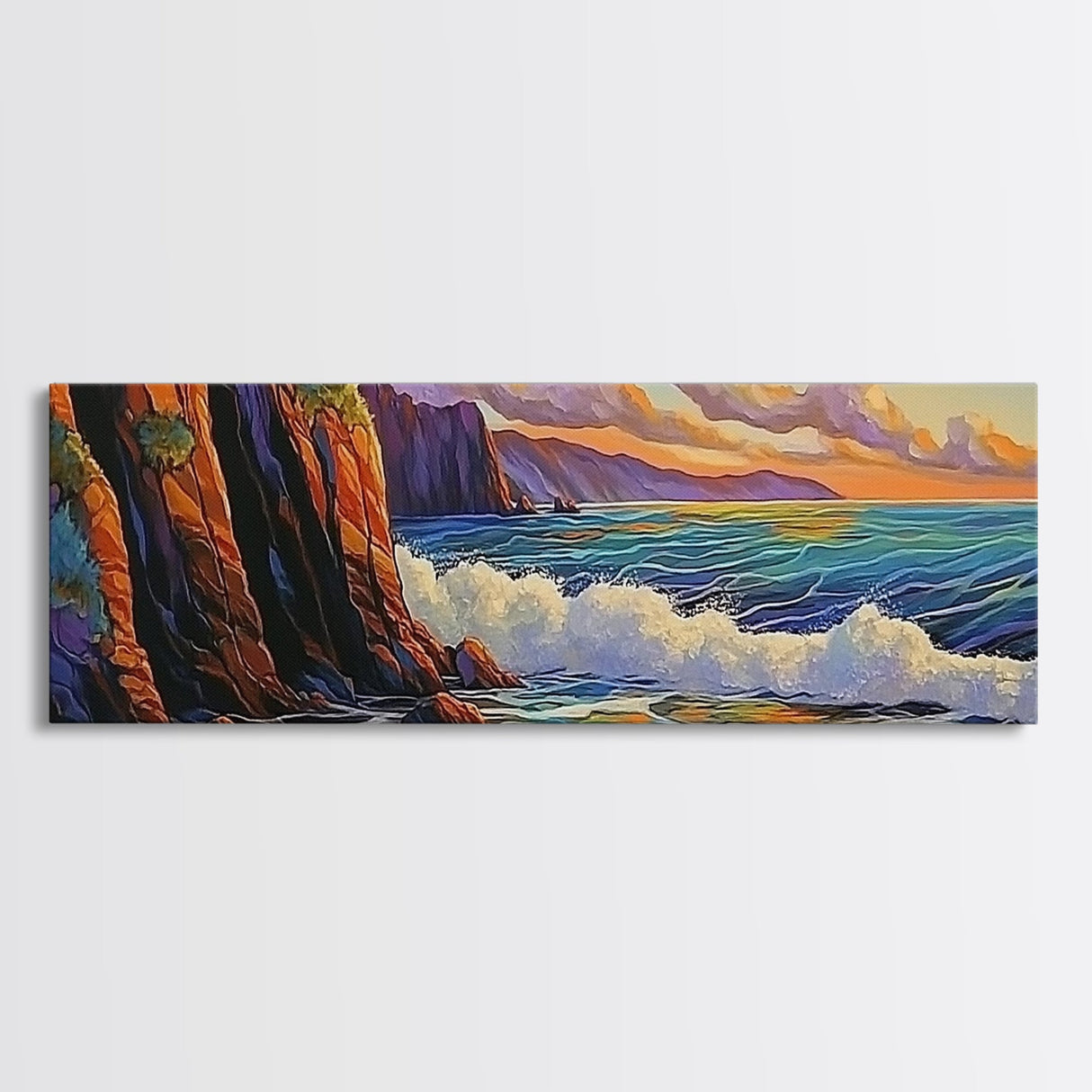 Coastal Cliff, Ocean Waves, Sunset Water, Rocky Shoreline, Framed Canvas Print, Bathroom Wall Art, Vibrant Seascape, Beach House Style