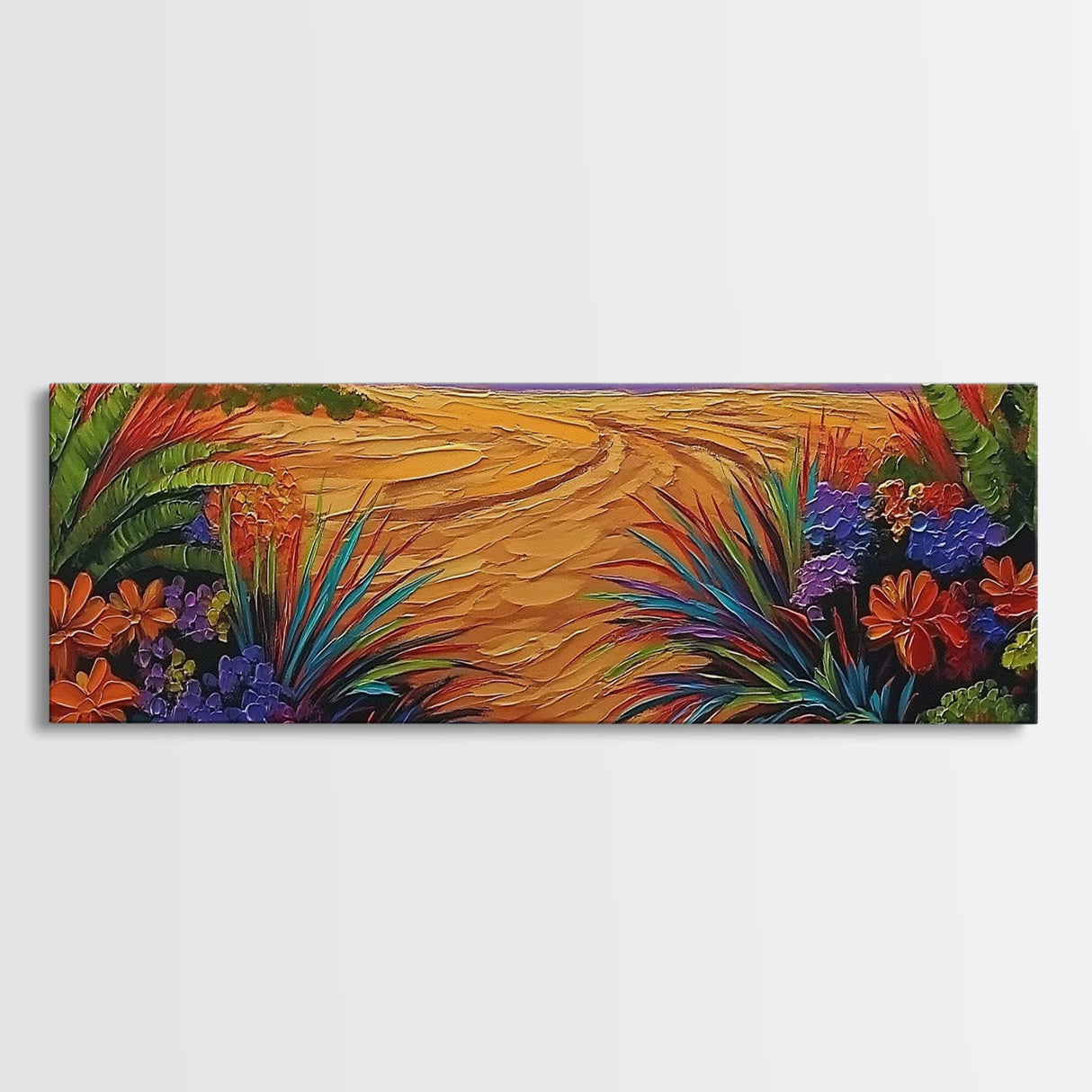 Golden Horizon Path, Vibrant Floral Border, Nature Sunset Painting, Framed Canvas Print, Bedroom Wall Art, Warm Color Landscape