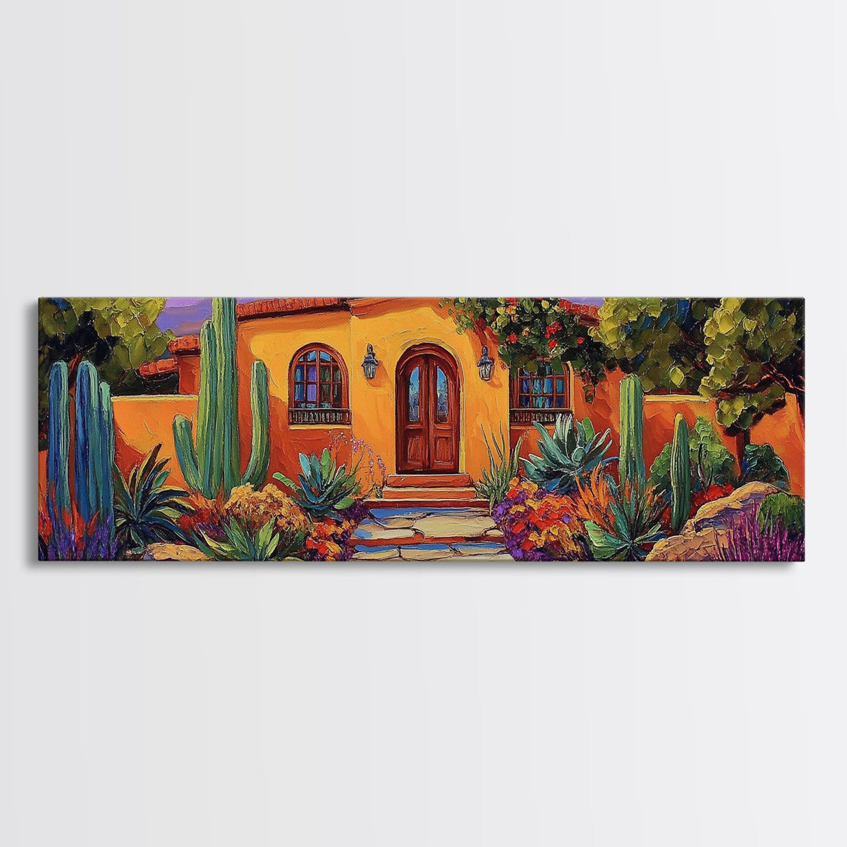Southwest Garden Entrance, Cactus Desert Home, Rustic Charm, Framed Canvas Print, Living Room Wall Art, Vibrant Adobe Artwork
