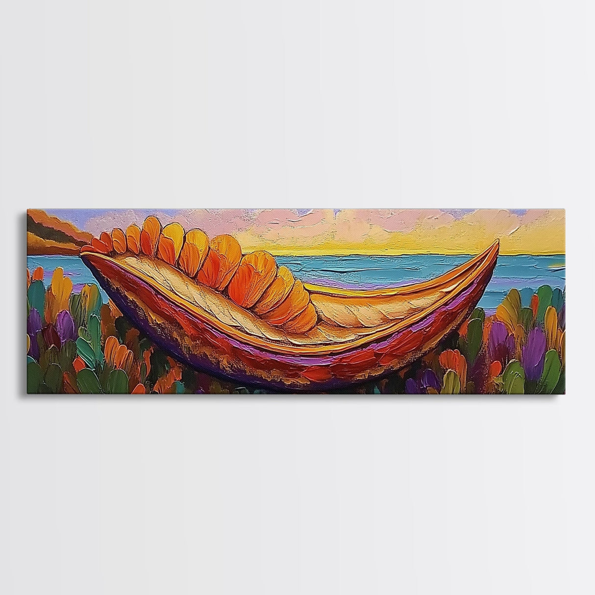 Vibrant Canoe Shell, Coastal Fantasy Art, Ocean Dreamscape, Framed Canvas Print, Tropical Wall Decor, Beach House Accent Piece