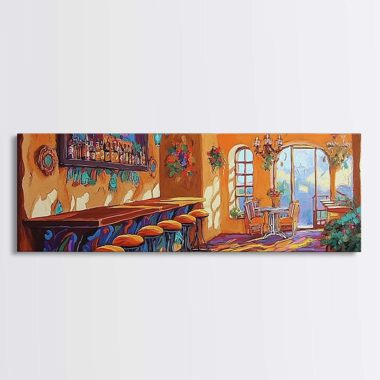 Rustic Cantina Interior, Mexican Bar Scene, Warm Home Decor, Framed Canvas Print, Dining Room Art, Cozy Southwestern Style