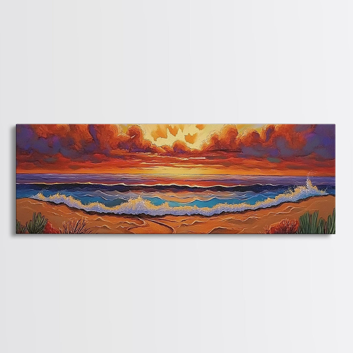 Sunset Coastline, Dramatic Sky, Evening Surf, Autumn Horizon Framed Canvas Print, Dining Room Wall Art, Moody Coastal Art