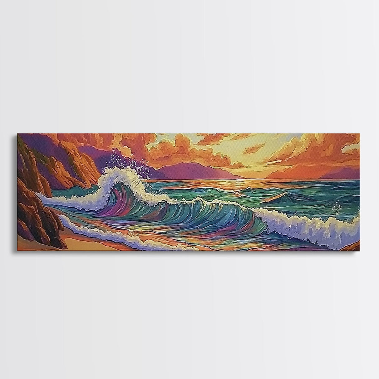 Sunset Surf, Rocky Coast, Vibrant Ocean, Evening Glow, Framed Canvas Print coastal bedroom art, surfer vibes, modern beach wall art