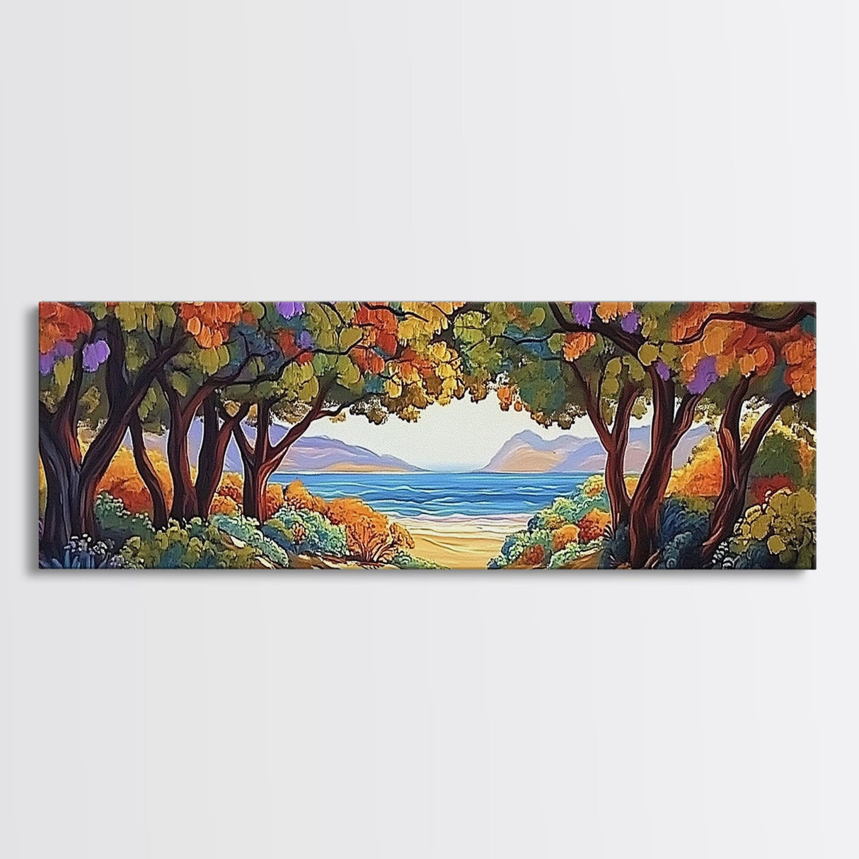 Seaside Trees, Autumn Canopy, Ocean View, Coastal Path, Framed Canvas Print colorful fall wall art, entryway decor, boho nature scene