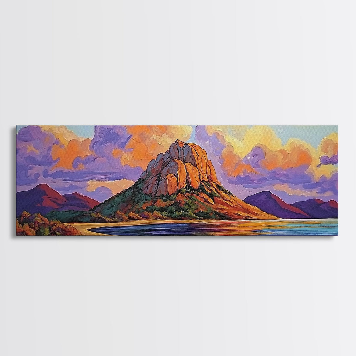 Mountain Coast, Sunset Glow, Majestic Landscape, Vibrant Horizon, Framed Canvas Print living room mountain wall art, rustic scenic decor