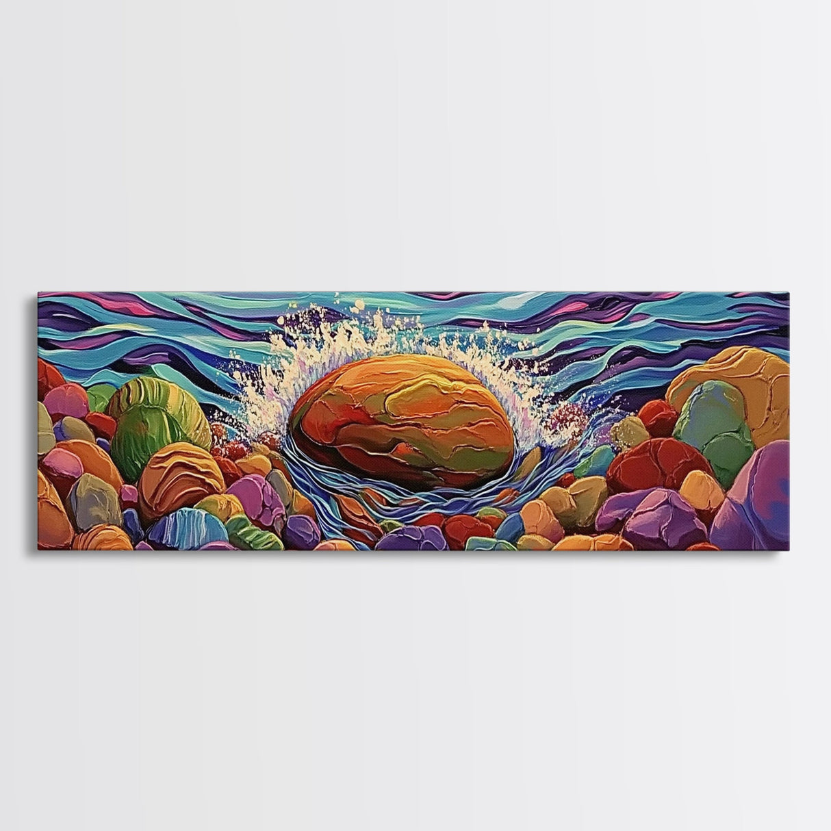 Ocean Splash, Bold Rocks, Sunset Colors, Canvas Print, Vibrant Coastal Art, Abstract Seaside Decor, Living Room Wall Art, Boho Vibes