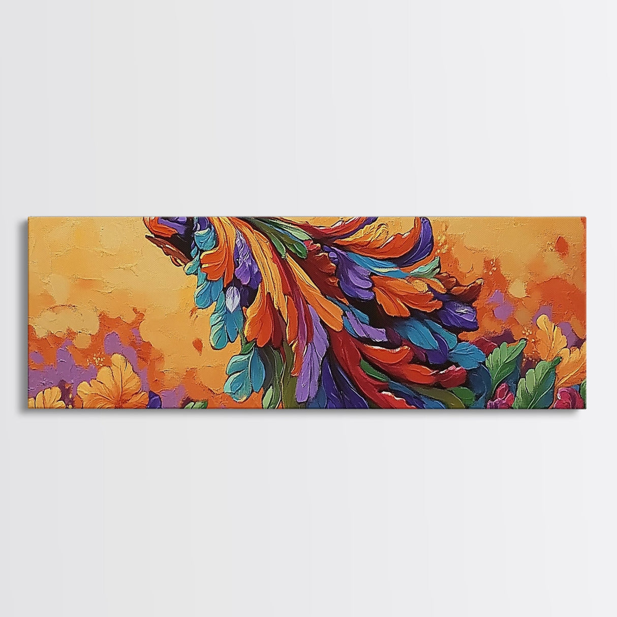 Tropical Parrot, Feathers Bloom, Jungle Vibes, Framed Canvas Print, Bright Animal Wall Art, Boho Living Room Decor, Bold Colors