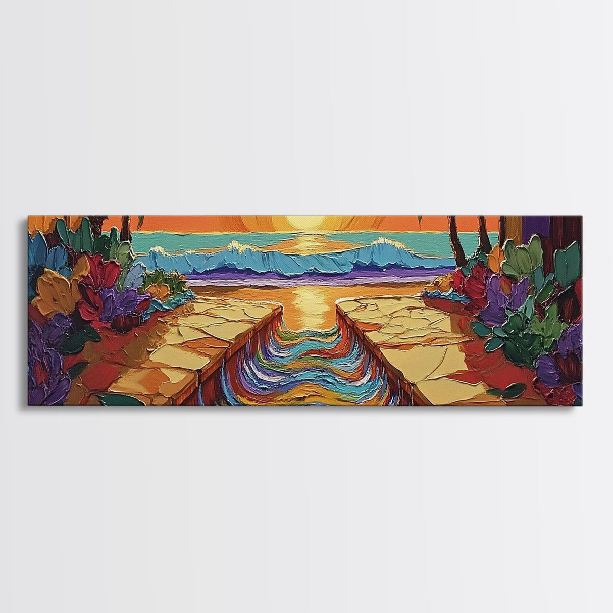 Sunset Path, Ocean View, Tropical Flowers, Canvas Print, Vibrant Beach House Wall Art, Bold Color Decor, Coastal Living Room Art