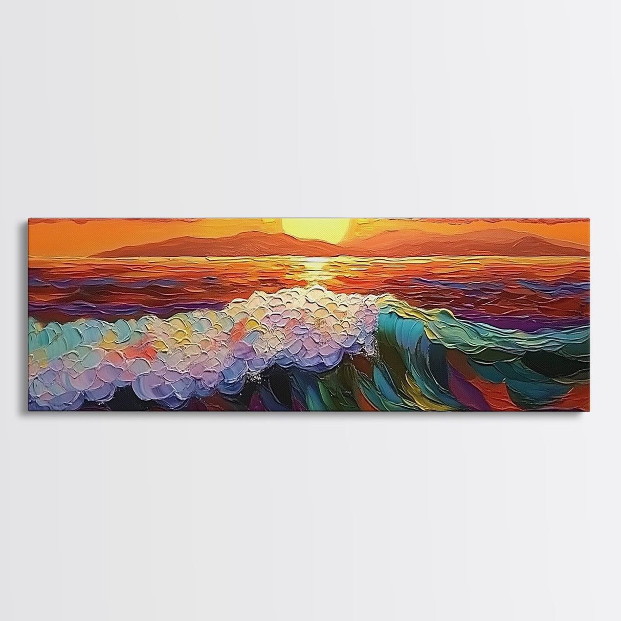 Vibrant Ocean Sunset, Textured Wave Painting, Modern Seascape Art, Framed Canvas Print, Coastal Living Wall Art, Boho Bedroom Decor
