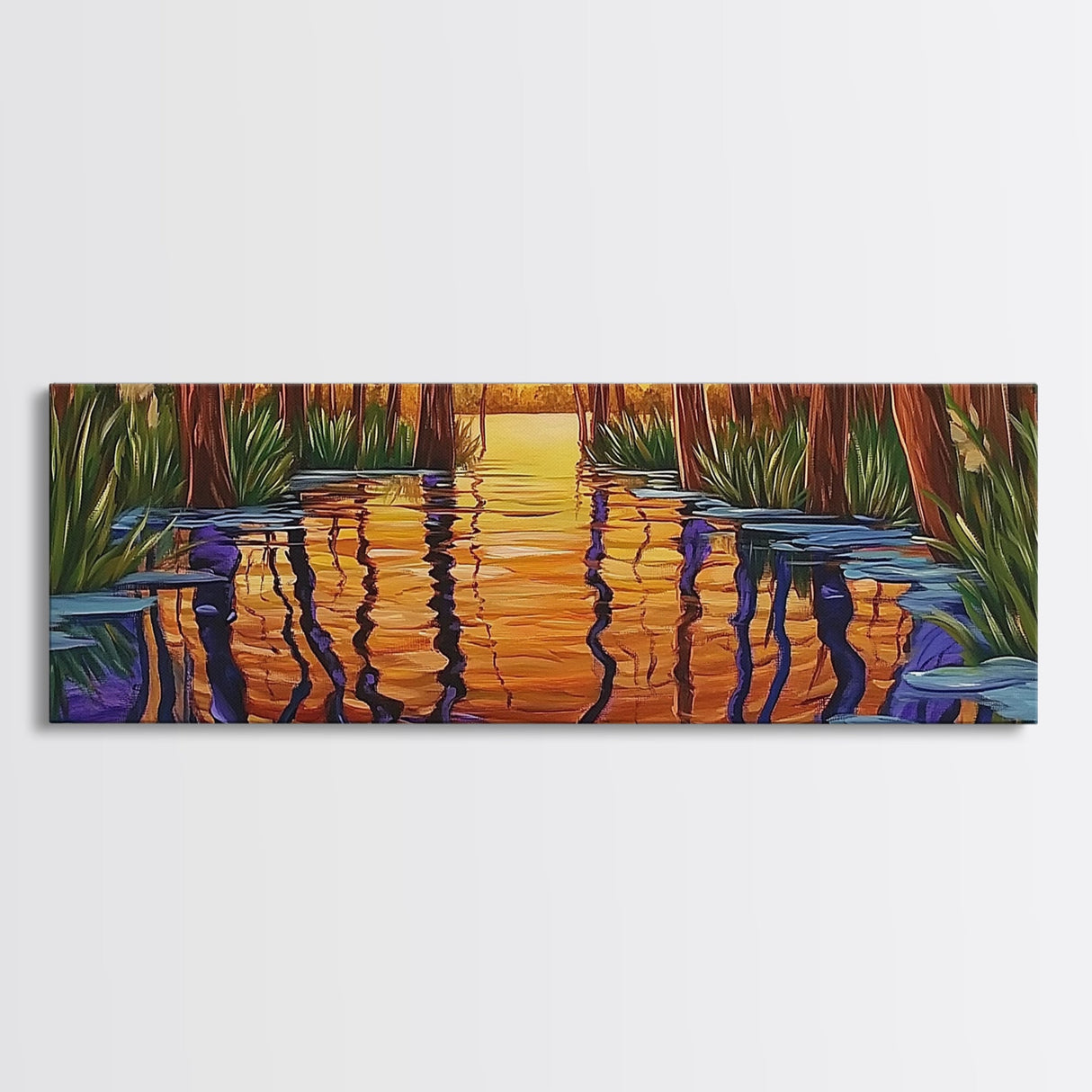 Sunset Reflection, Tranquil Forest, Swamp Scene, Cypress Trees, Framed Canvas Print, Autumn Wall Art, Rustic Decor, Nature Art