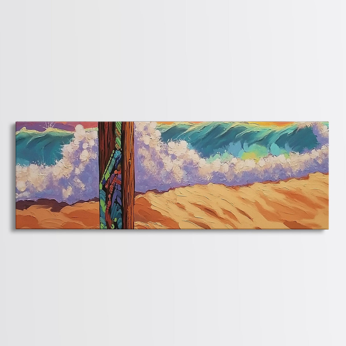 Painted Post, Colorful Shore, Ocean Wave, Surf Vibes, Framed Canvas Print, Beach Bedroom Wall Art, Tropical Seaside Expressionism