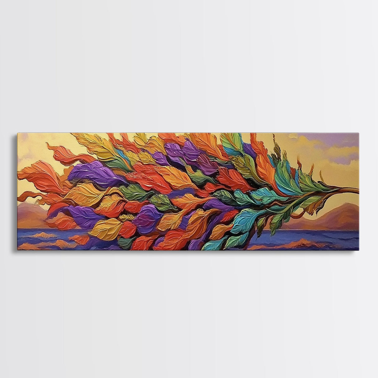 Rainbow Leaf, Nature Abstract, Coastal Breeze, Vibrant Palette, Framed Canvas Print, boho beach decor, colorful fall wall art, living room accent