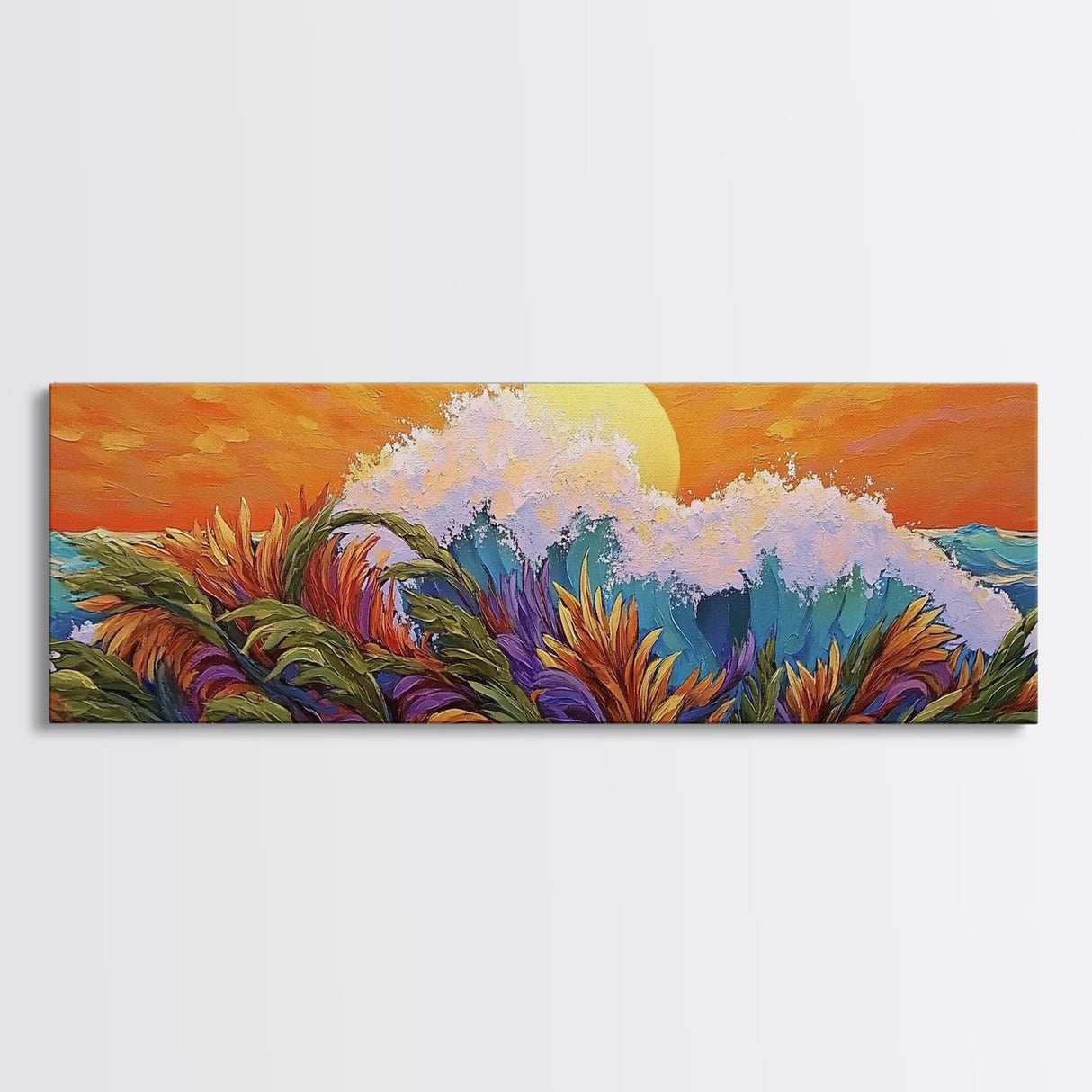 Sunset Wave, Colorful Spray, Ocean Burst, Warm Tones, Framed Canvas Print, surf-inspired bedroom art, coastal decor, tropical fall wall piece