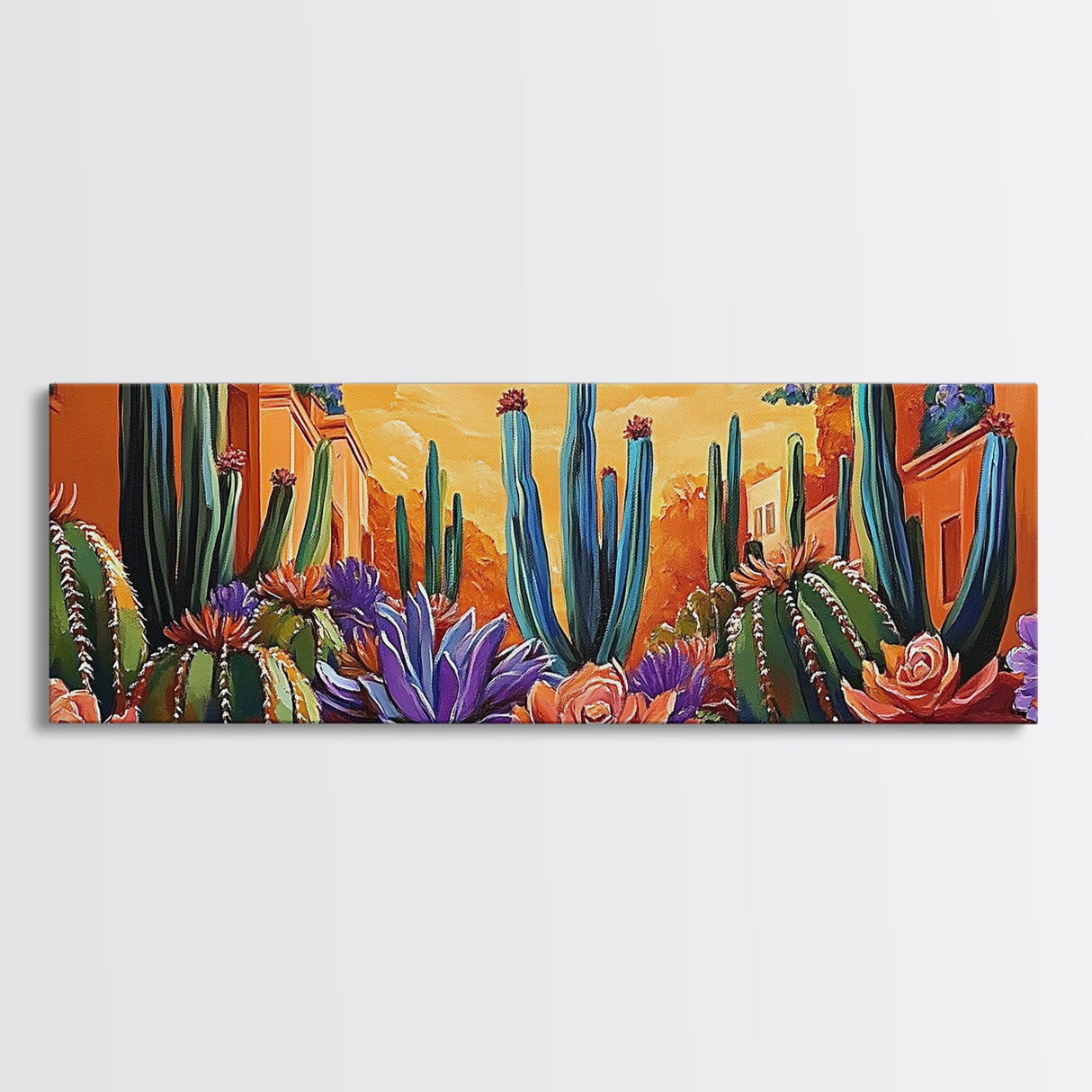 Desert Garden Magic, Colorful Cactus Landscape, Urban Nature Art, Framed Canvas Print, Living Room Southwest Decor, Boho Sunset Wall Art