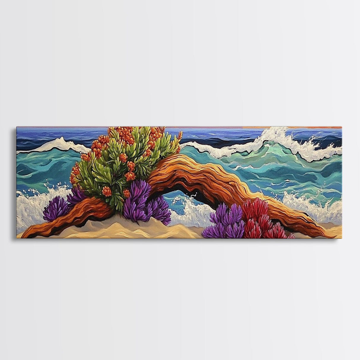 Driftwood Coast, Colorful Ocean, Beach Nature, Framed Canvas Print, Coastal Wall Art, Tropical Living Room Decor, Surreal Seascape Art
