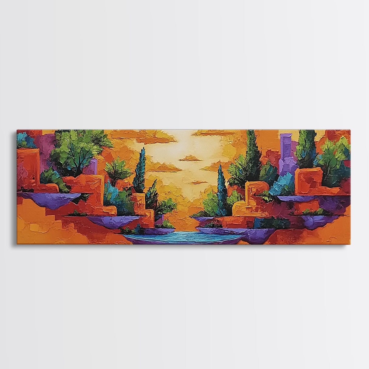 Sunset Islands, Floating World, Fantasy Village, Framed Canvas Print, Whimsical Wall Art, Eclectic Home Decor, Surreal Landscape Art
