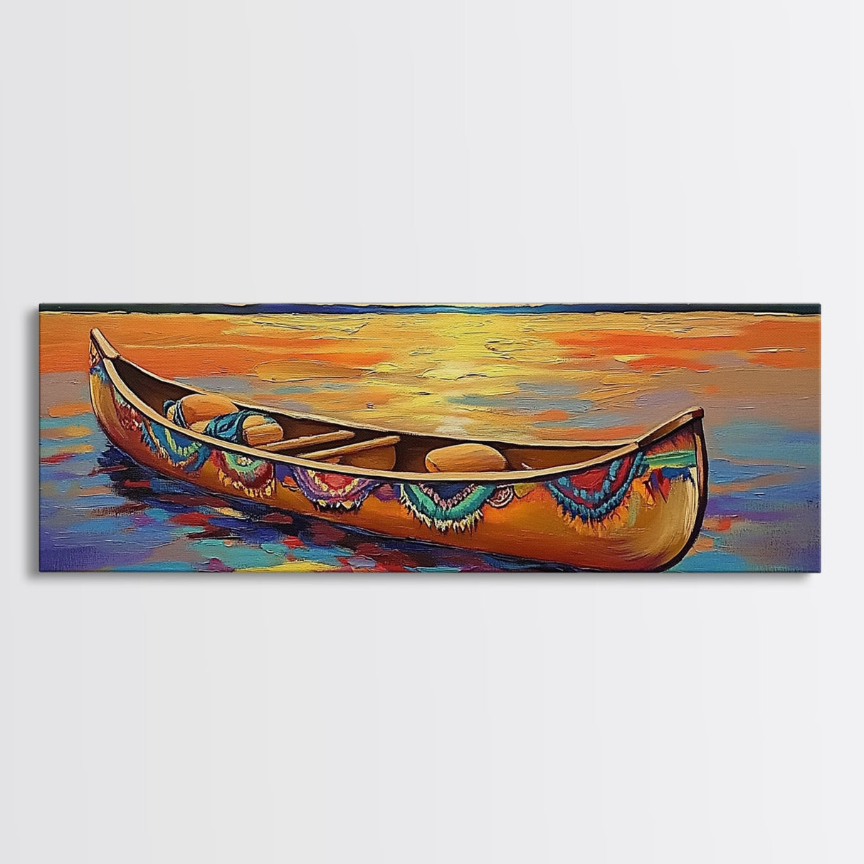 Sunset Lake Canoe, Peaceful Evening Art, Autumn Water Scene, Canvas Print, Rustic Cabin Wall Art, Colorful Lakehouse Decor